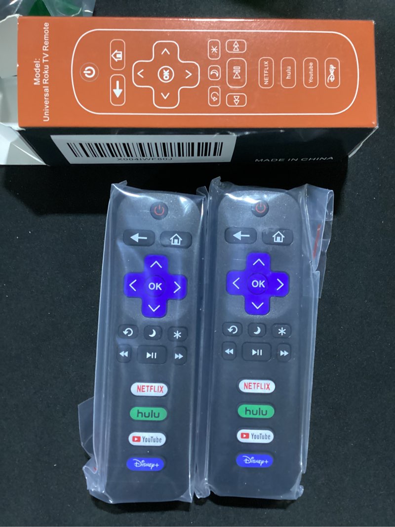 Condition photo showing New/Like New for 2-pack universal roku tv remote, compatible with tcl/onn/hisense/sharp/philips/westinghouse/insignia/element roku tvs, 1 year warranty