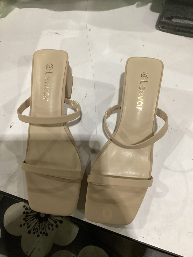 Condition photo showing Good Condition for leevar square toe heeled sandals for women - women's low block heels sandals - 2.25in open toe ankle strap chunky heels - slip on heeled sandal mule- nude black strappy heels for party wedding dress shoes,nude nubuck,size 8