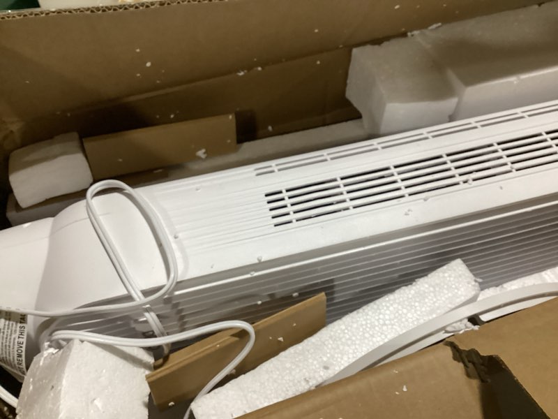 Condition photo showing As Is for (similar to )(white)dreo tower fan for bedroom, 2026 upgraded dc motor, 28ft/s high velocity, 20db ultra quiet standing fan, 8 speeds 4 modes, 90° oscillating bladeless fan for indoors, floor fans with remote, black