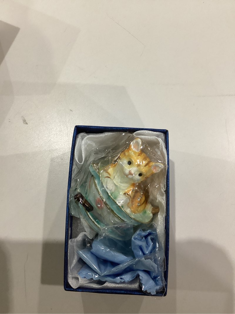 Condition photo showing As Is for Hand Painted Trinket Box Enamel Vintage Jewelry Box Hinged Metal Jewelry Organizer Decorative Treasure Box Unique Gifts Bowl Cat
