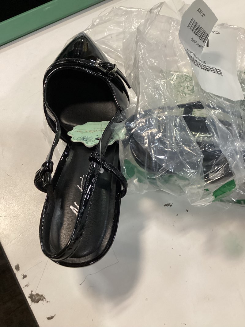 Condition photo showing New/Like New for mostrin kitten heels for women pointed toe pumps patent leather low heel slingback heels with buckle dress shoes for dating party working 8 black #04