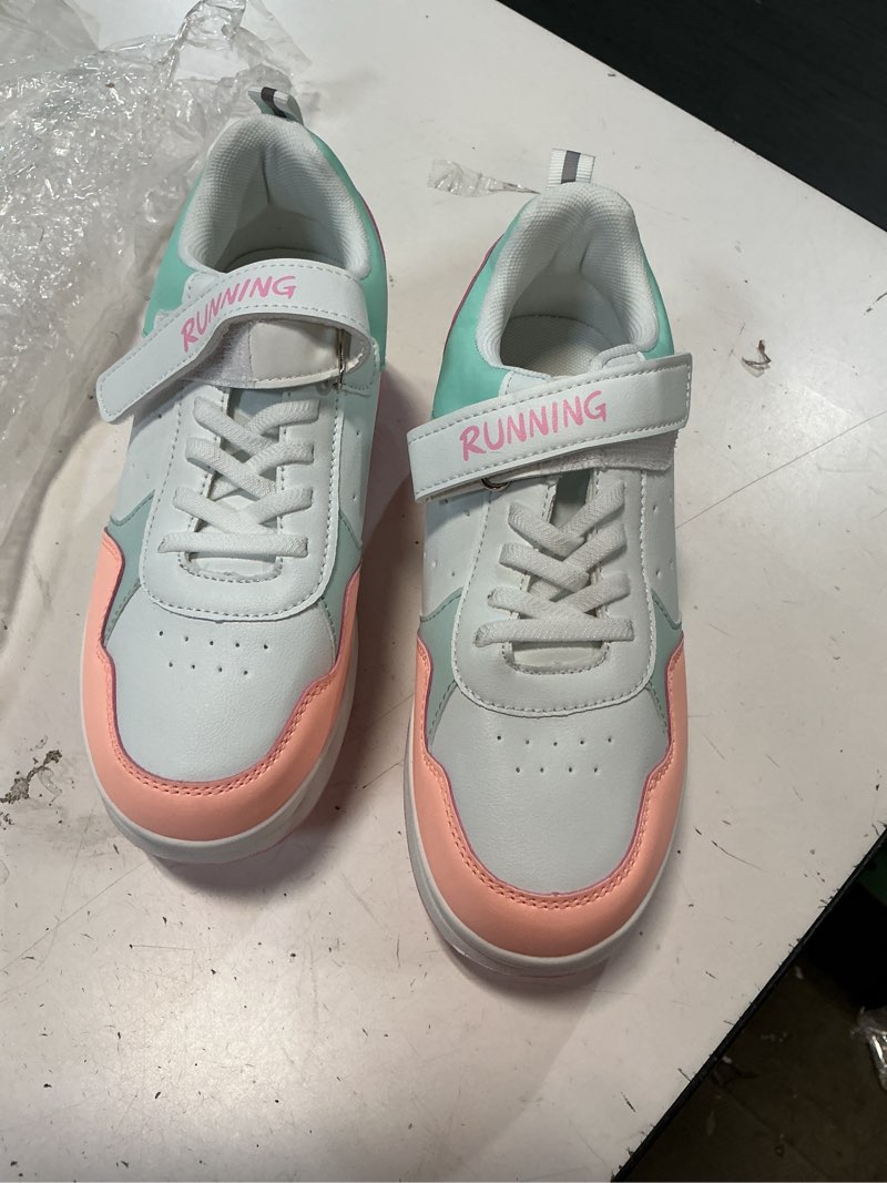 Condition photo showing Good Condition for hsq fashion sneaker roller skate shoes for boys girls kids detachable wheeled 2 in 1 skating shoes with wheels 4 big kid green/orange/white 156