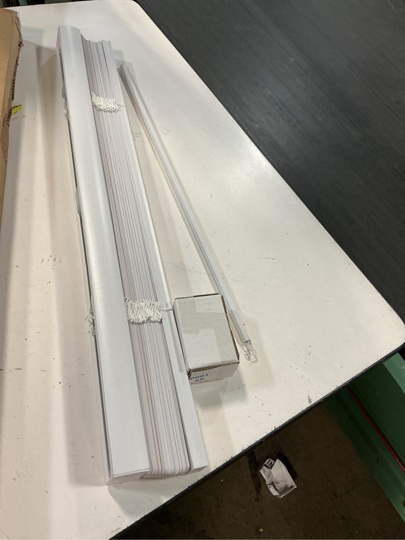 Condition photo showing Good Condition for lotus & windoware cordless mini blind, 1" vinyl slats, 25" wide x 64" long - white, window blinds for home and office, interior door blinds - light filtering 25"w x 64"h white