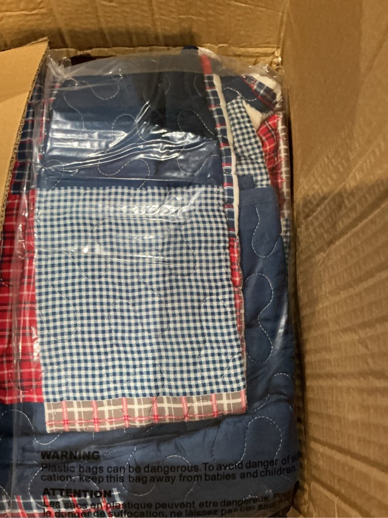 Condition photo showing Good Condition for lavish home 3-piece caroline patriotic quilt set - americana stars and plaid patchwork bedding - full/queen bed spread with 2 pillow shams