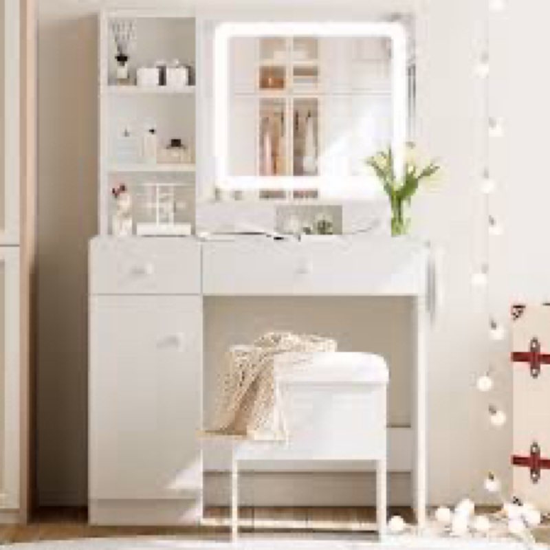 Jakaylen Vanity Makeup Desk with LED Light and Charging Station, Dresser Table with 4 drawers, 4 open shelves for Bedroom, Checkroom INCOMPLETE 
