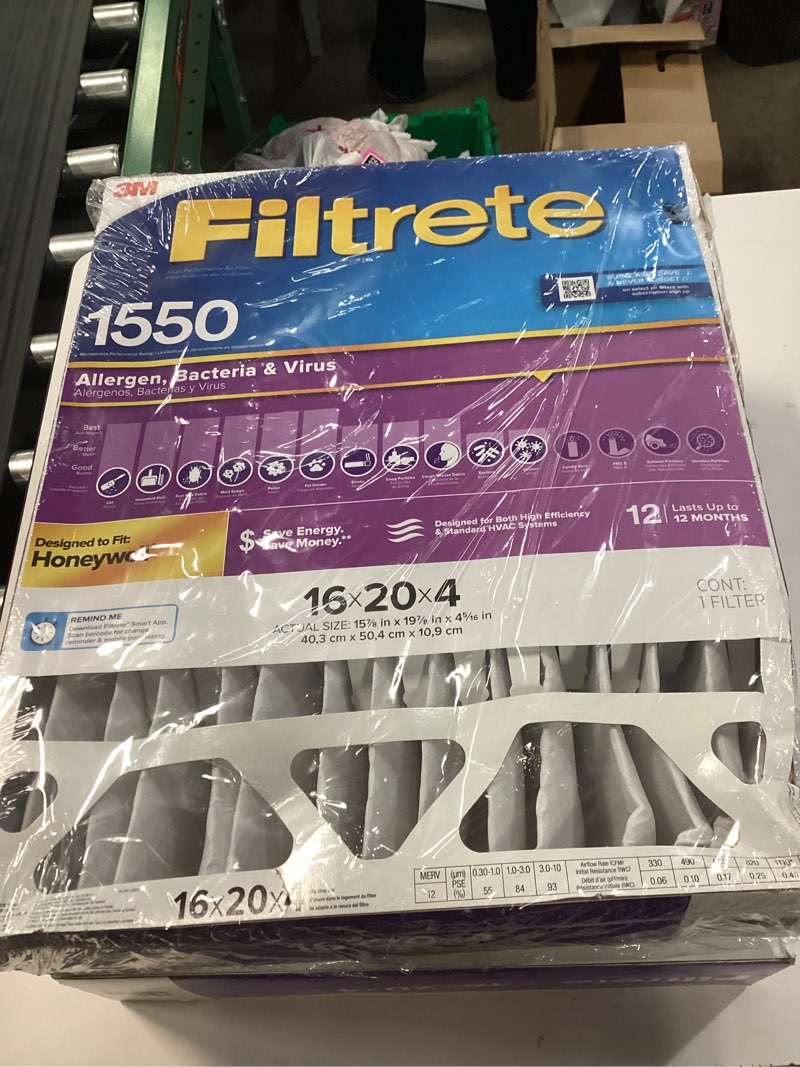 Condition photo showing As Is for filtrete 16 x 20 x 4 merv 12 1550 mpr allergen, bacteria and virus electrostatic pleated air filter
