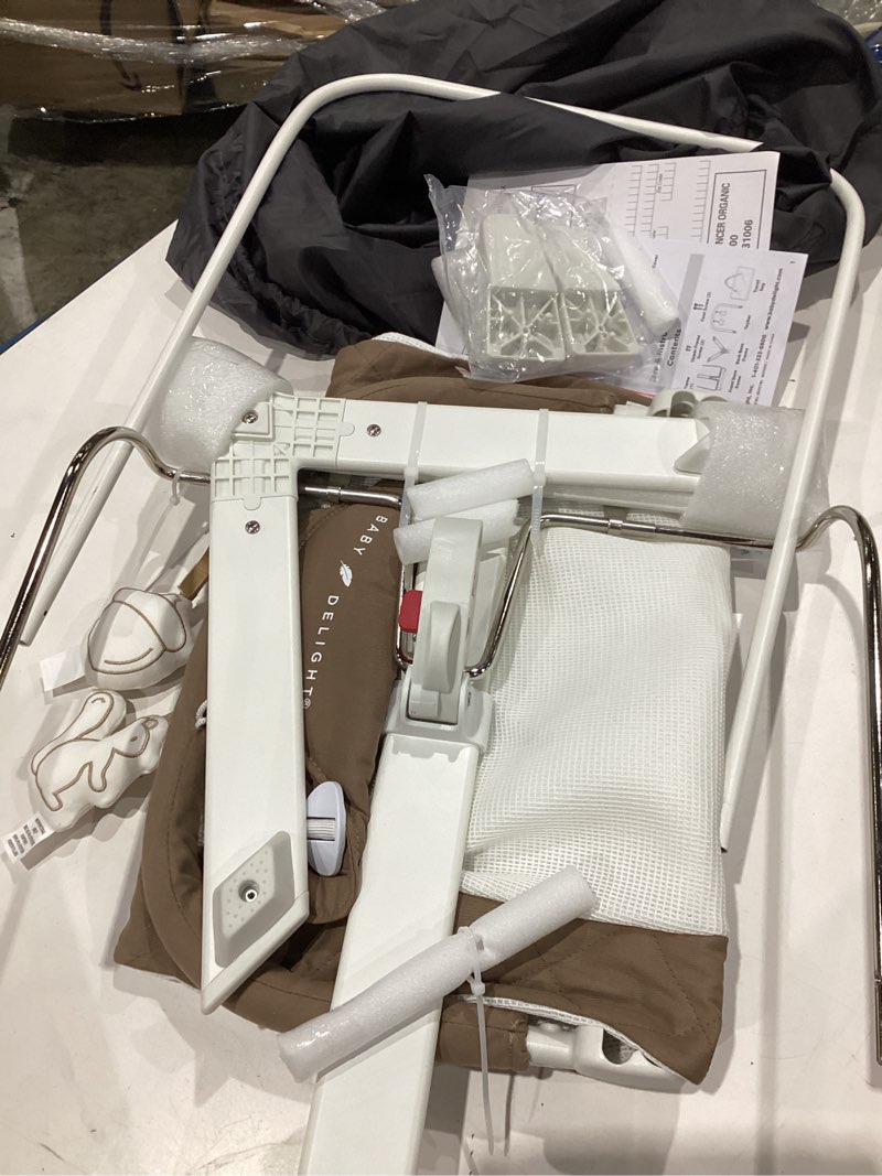 Condition photo showing As Is for baby delight alpine deluxe portable baby bouncer | infant | 0-6 months | 100% gots certified organic cotton fabric | organic mocha organic mocha deluxe