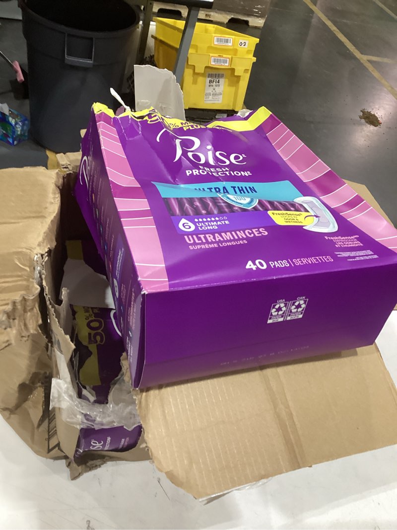 Condition photo showing New/Like New for poise ultra thin incontinence pads & postpartum pads for bladder leaks, 6 drop ultimate absorbency, long length, 120 count (3 packs of 40), packaging may vary long length 120