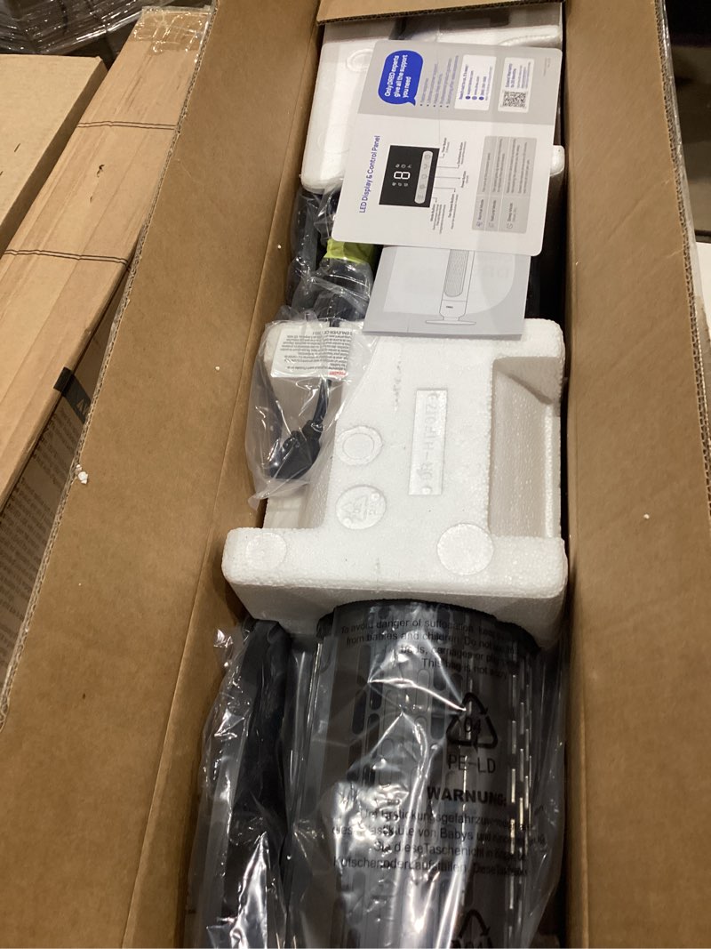 Condition photo showing New/Like New for dreo tower fan for bedroom, 90° oscillating standing fans for room with 4 speeds, 3 modes, 28db quiet for sleep, 25ft/s velocity, 8h timer, remote, living room, office, home, black