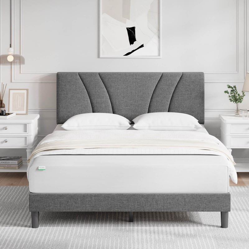 novilla full size bed frame with adjustable headboard platform full bed frame with linen fabric upholstered headboard, no box spring needed, noise-free, wooden slats support, easy assembly, grey  full