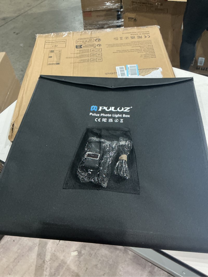 Condition photo showing Good Condition for photo box, puluz 24"x24" photo studio light box for photography portable large lightbox photo booth kit with 6 colors photo backdrops-dimmable 120pcs led beads, 5500k lighting, us plug