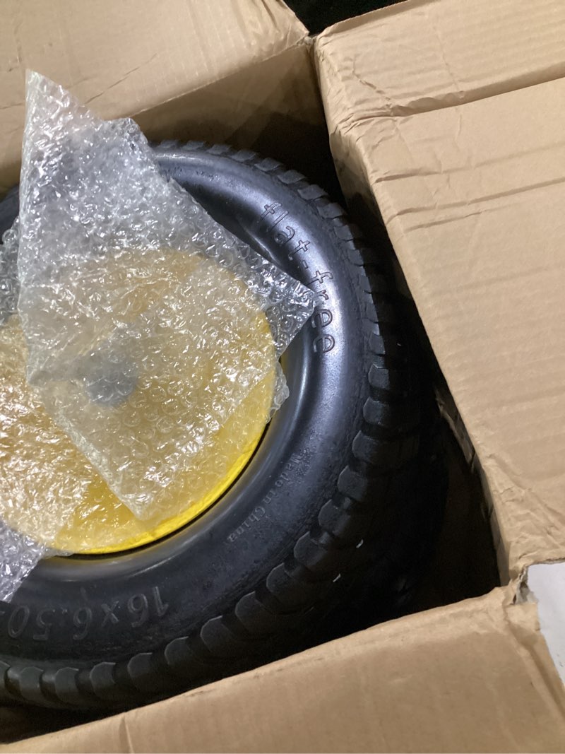 Condition photo showing New/Like New for ar-pro (2-pack) 16x6.50-8 flat-free tire and wheel assembly, solid riding mower lawn tractor tire, 3" offset hub, 3/4" bushings, perfect for garden tractors & yard equipment 16 x 6.50-8" flat-free (offset hub) yellow