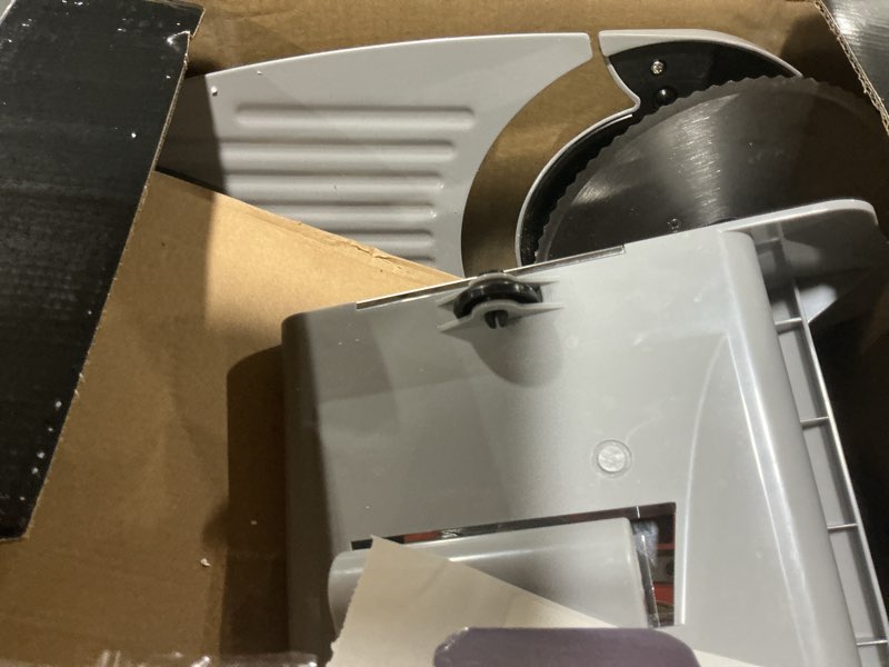 Condition photo showing As Is for Meat Slicer 200W Electric Deli Food Slicer with 2 Removable 7.5" Stainless Steel Blade, Adjustable Thickness for Home Use, Child Lock Protection, Easy to Clean, Cuts Meat, Bread and Cheese 200W Meat Slicer with 2 Blades