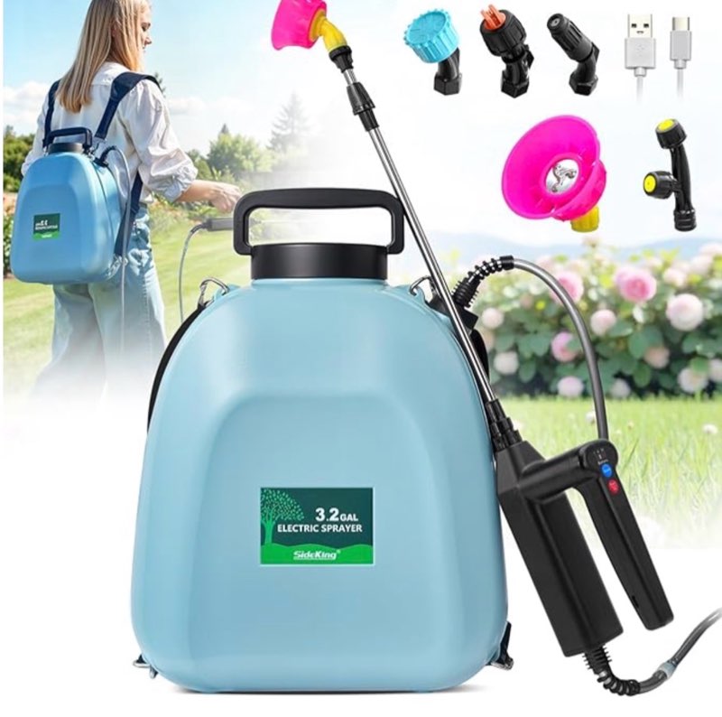 sideking 3.2 gallon battery powered backpack sprayer, electric back pack sprayer with 3 spray speed, battery indicator, rechargeable handle, 40" telescopic wand, 5 mist nozzles, for lawn and garden