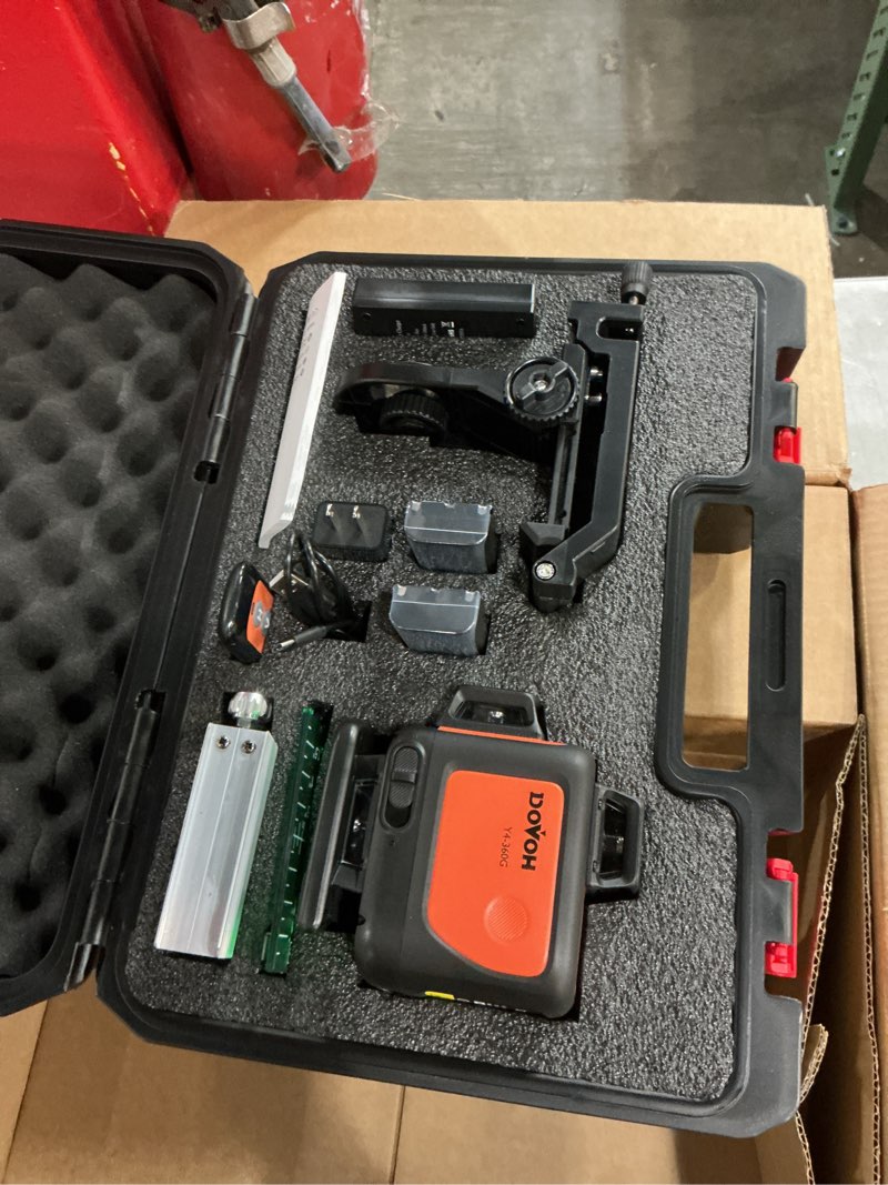 Condition photo showing Good Condition for dovoh 4d laser level 360 self leveling with tripod, y4-360g-kit | dual batteries, pulse mode, hard toolbox, green beam, 4 plane, for construction, flooring, tiling, ceiling