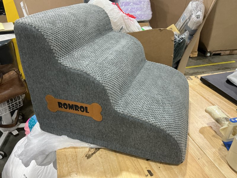Condition photo showing Good Condition for romrol dog stairs ramp for high bed, 33d pet stairs steps with durable non-slip waterproof fabric cover, dog slope stairs to bed for small dogs and cats or pets joints, 3-steps 3-steps-15.7"h fleece-grey