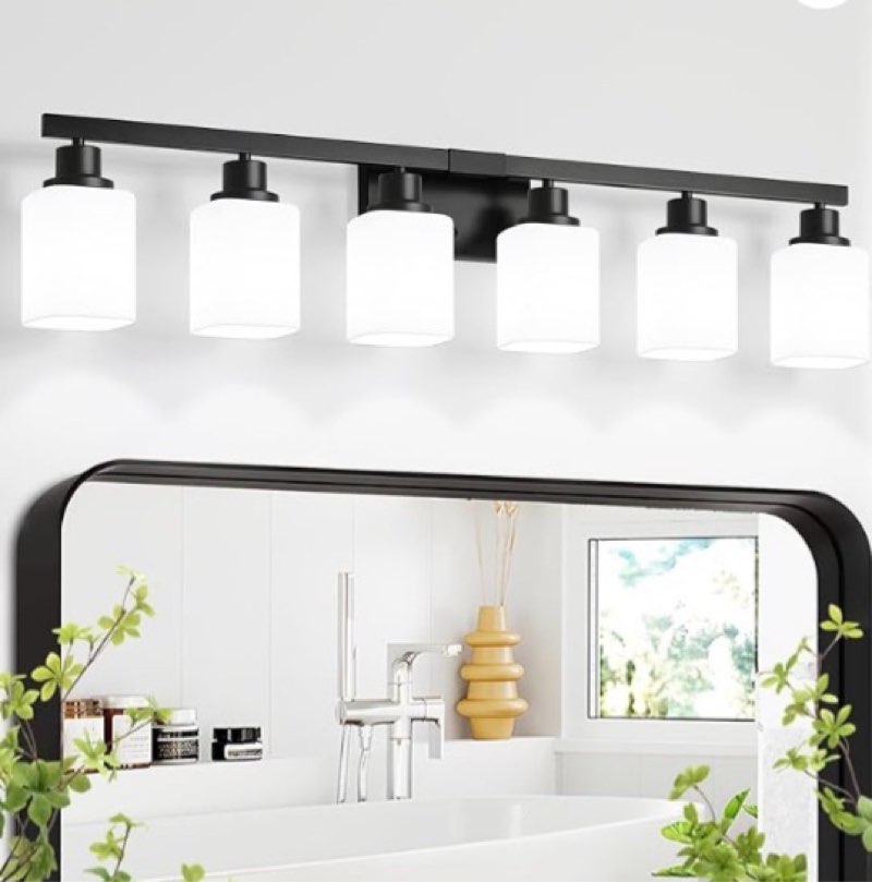 DIKAIDA 6 Light Bathroom Vanity Light, Modern Matte Black Bathroom Light Fixtures with Square Froste