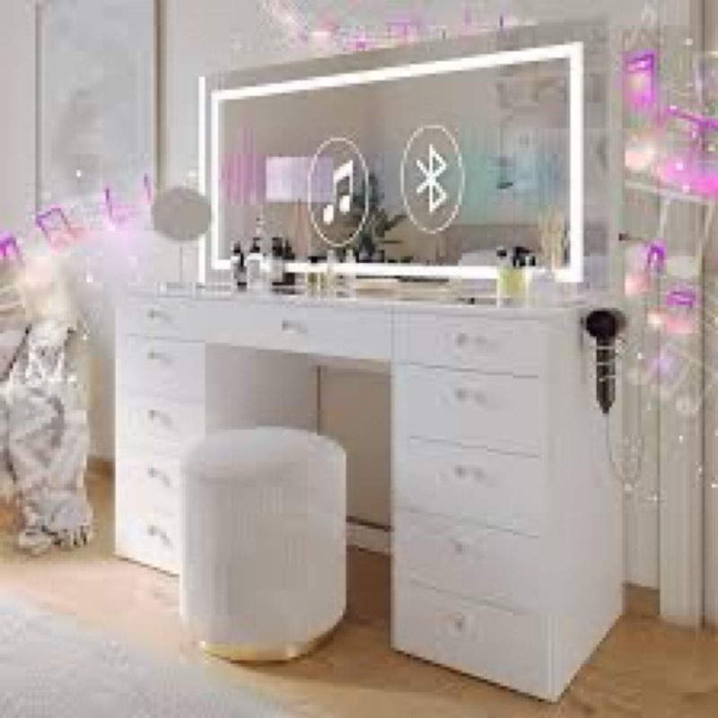 (incomplete 1of 3)lydia extra-large makeup vanity with bluetooth speakers and led mirror