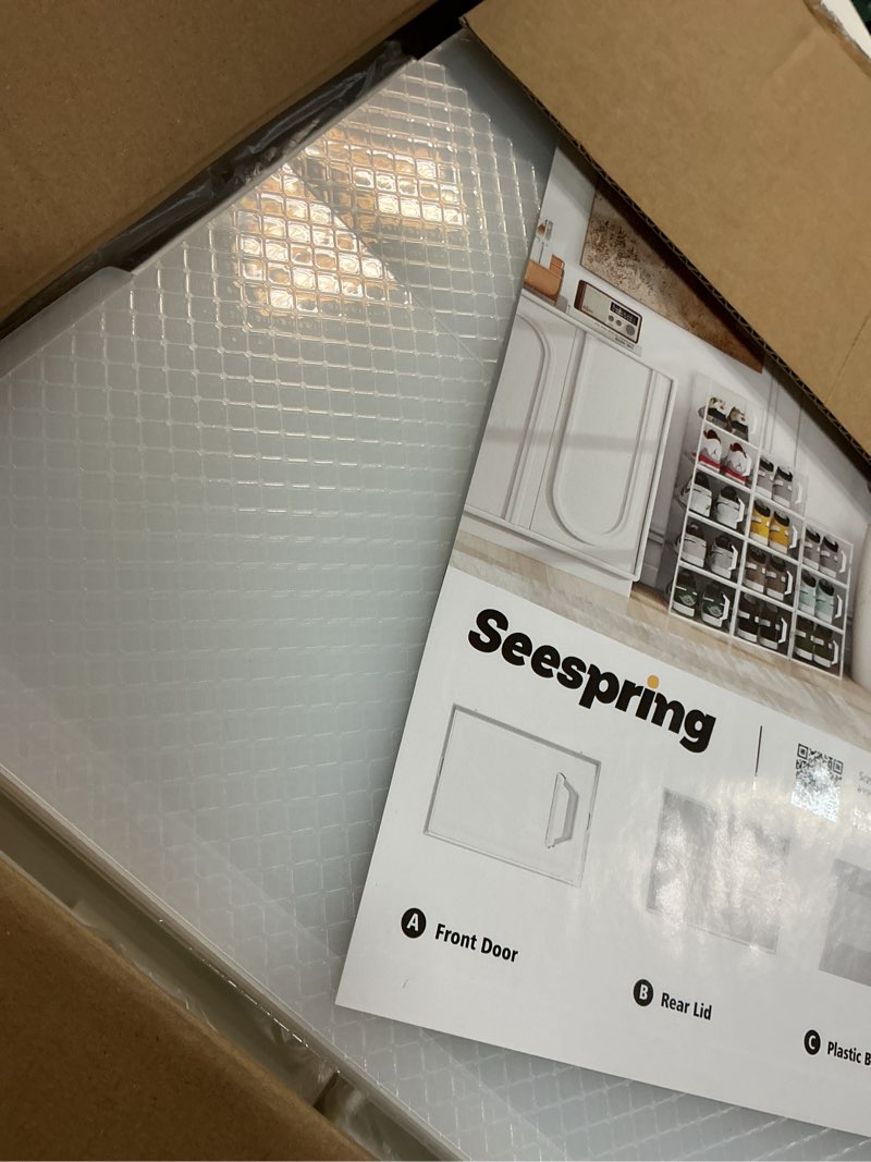 Condition photo showing New/Like New for see spring x-large shoe storage box fit size 11, clear plastic stackable shoe organizer for closet, space saving sneaker shoe rack containers bins holders for entryway, 12 pack clear x-large fit size 11 clear