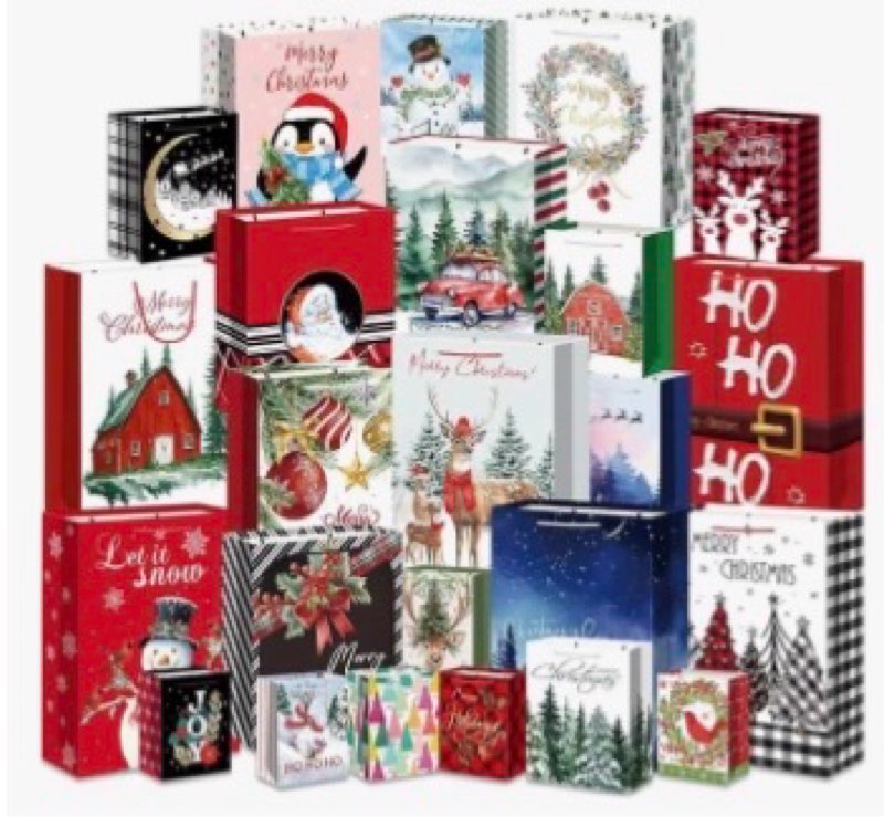 Xylitic 24 Pack Christmas Gift Bags Assorted Sizes, Christmas Paper Bags with Handles, Bulk Holiday 