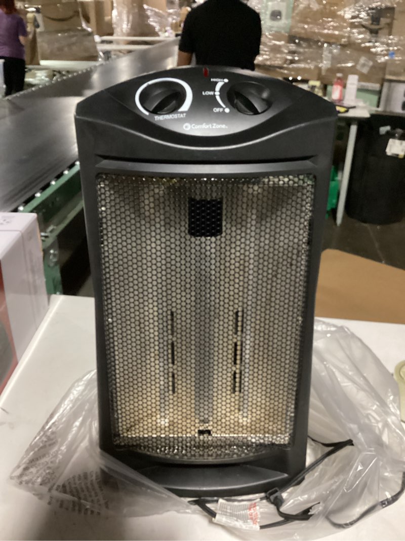 Condition photo showing Good Condition for Comfort Zone Space Heaters for Indoor Use, Portable Electric Heater, Adjustable Thermostat, Infrared Heat, Quartz Tower Space Heater with 2 Heat Settings, Bedroom Heater, Black