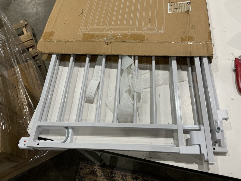 Condition photo showing As Is for grownsy baby gate for stairs- no bottom bar, 29.8” to 43.5” for child and pet, dog gate with auto-close & one-hand operation, hardware-mounted (drill needed) installation for doorways and indoor use