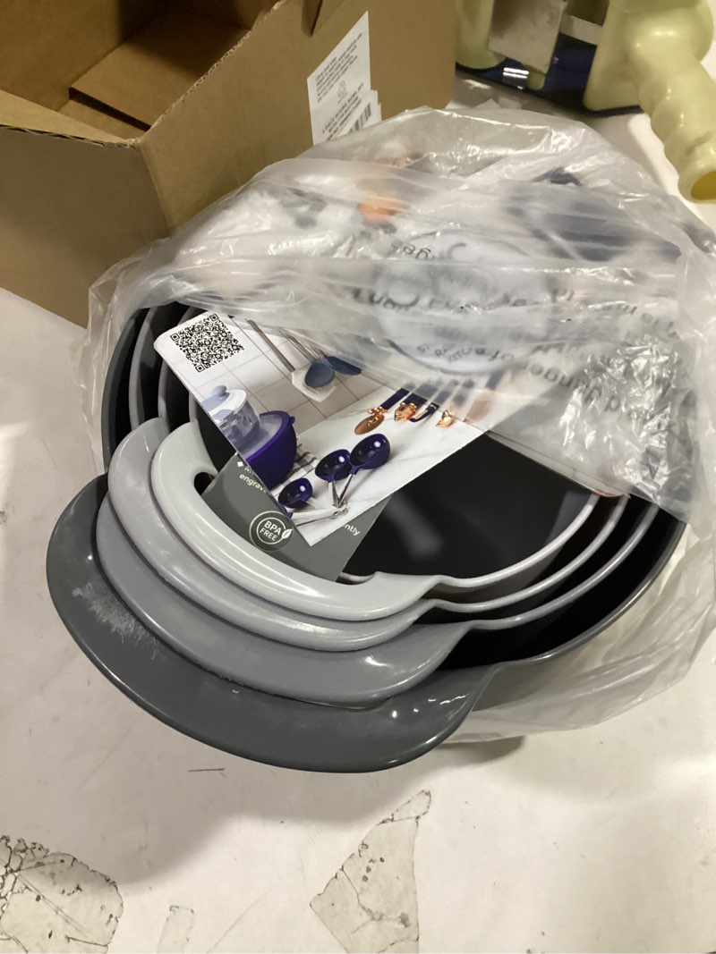 Condition photo showing As Is for COOK WITH COLOR Nesting Plastic Mixing Bowl Set with Pour Spouts and Handles, Grey, 4 Piece Non-Slip Gray 4 Piece Non-Slip