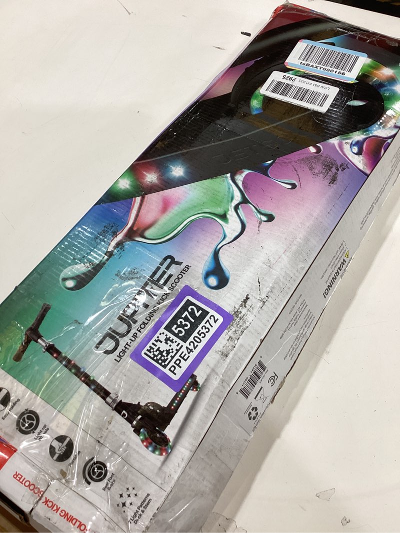 Condition photo showing As Is for jetson jupiter kids 2-wheel light-up kick scooter, led lights on handlebar, stem, wheels & deck, adjustable handlebar, rear brake, easy-folding mechanism, ages 5+ jupiter black