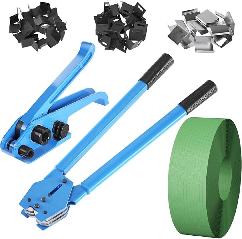 banding strapping kit pallet packaging strapping tool, strapping tensioner tool, sealing tool, 400 plastic packaging corner, 400 metal seals, and 5/8" x 1770' polyester (pet) strapping roll