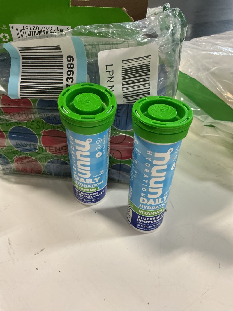 Condition photo showing New/Like New for 5233155171 exp. 08/2027 60vnuun vitamins electrolyte tablets, blueberry pomegranate flavor, 8 pack | 96 servings with vitamin d, c, e, a, & b6, folic acid, magnesium & 4 other essential electrolytes, gluten free & vegan blueberry pomegranate 96 count (pack of 1)