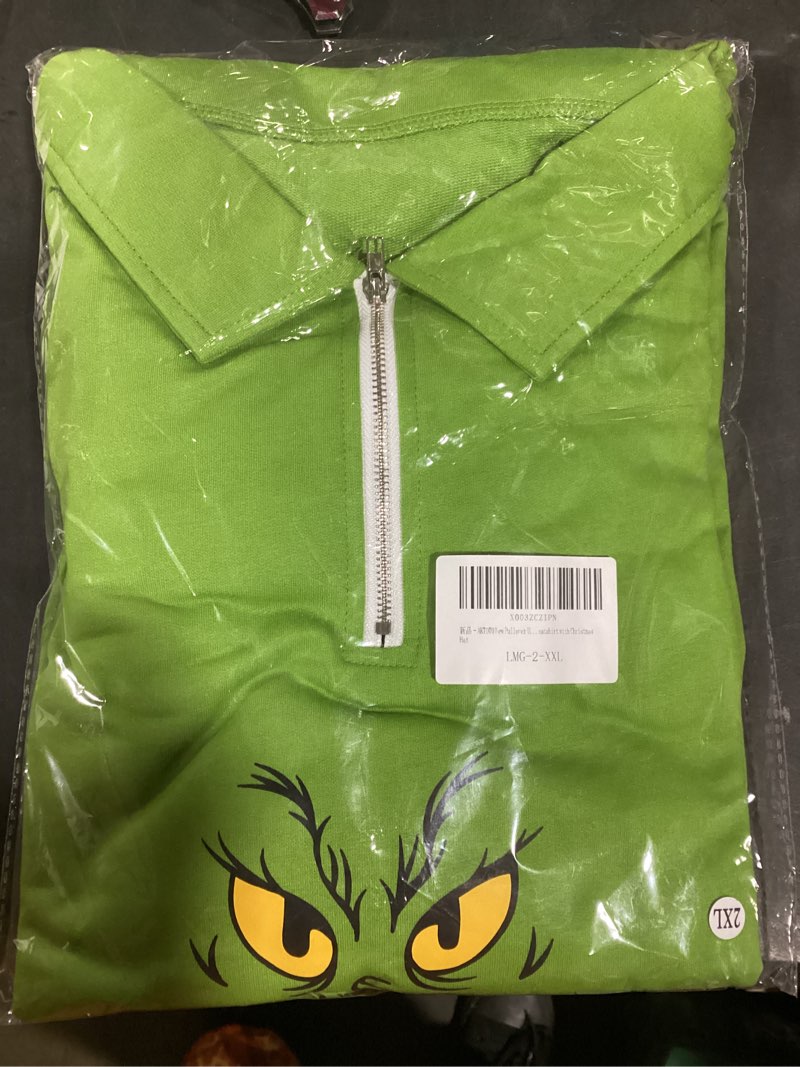 Condition photo showing New/Like New for New Pullover Ugly Christmas Sweaters Cartoon Character Green Monster Print Unisex Sweatshirt with Christmas Hat XX-Large B