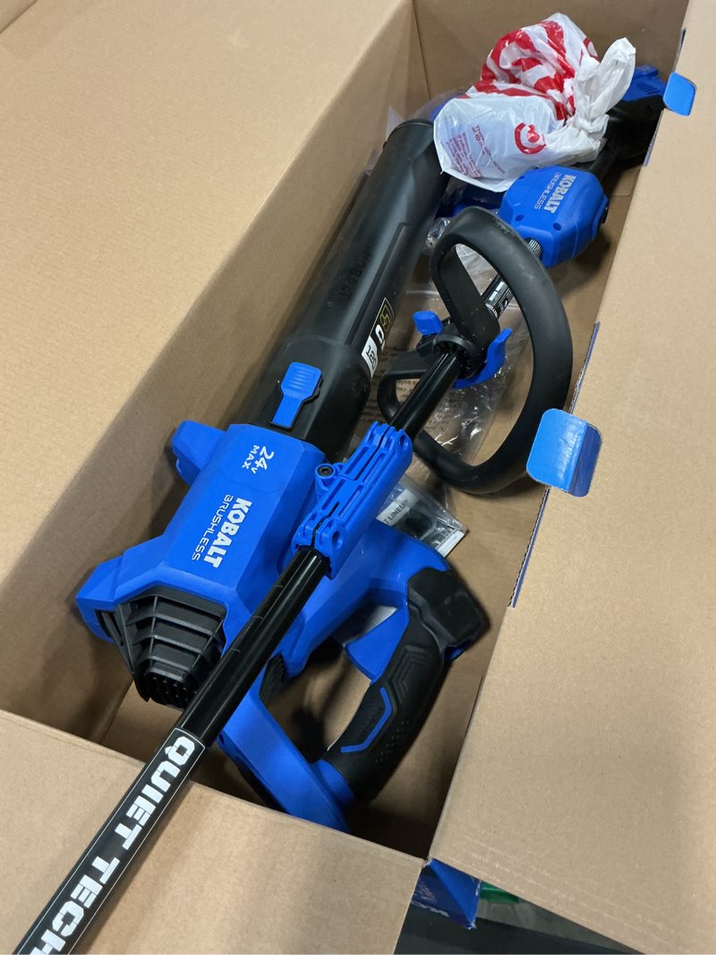 Condition photo showing As Is for kobalt 24-volt bl leaf blower and string trimmer combo kit