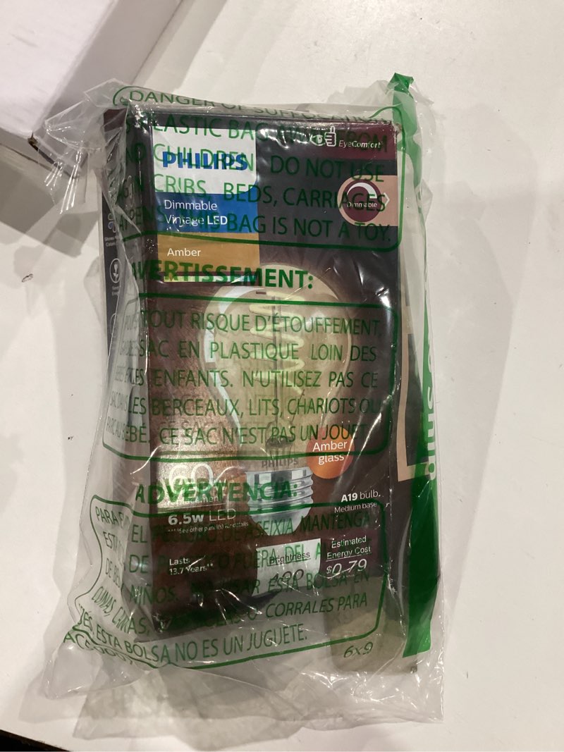 Condition photo showing Good Condition for philips led 60w a19 1-pack vintage edison spiral amber (2000k) 400 lumen (6.5w = 60w) dimmable flicker-free light bulb amber (2000k) 1 pack