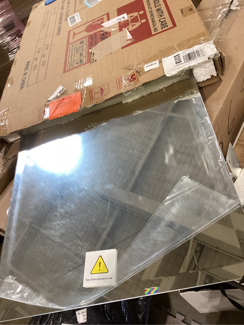 Condition photo showing Good Condition for vocalstar frameless bathroom mirror, 16" x 24" rectangle wall mirror with beveled edge, modern decorative vanity mirrored for living room, entryway, bedroom | 1/4-inch shatterproof glass rectangle 16"l x 24"w