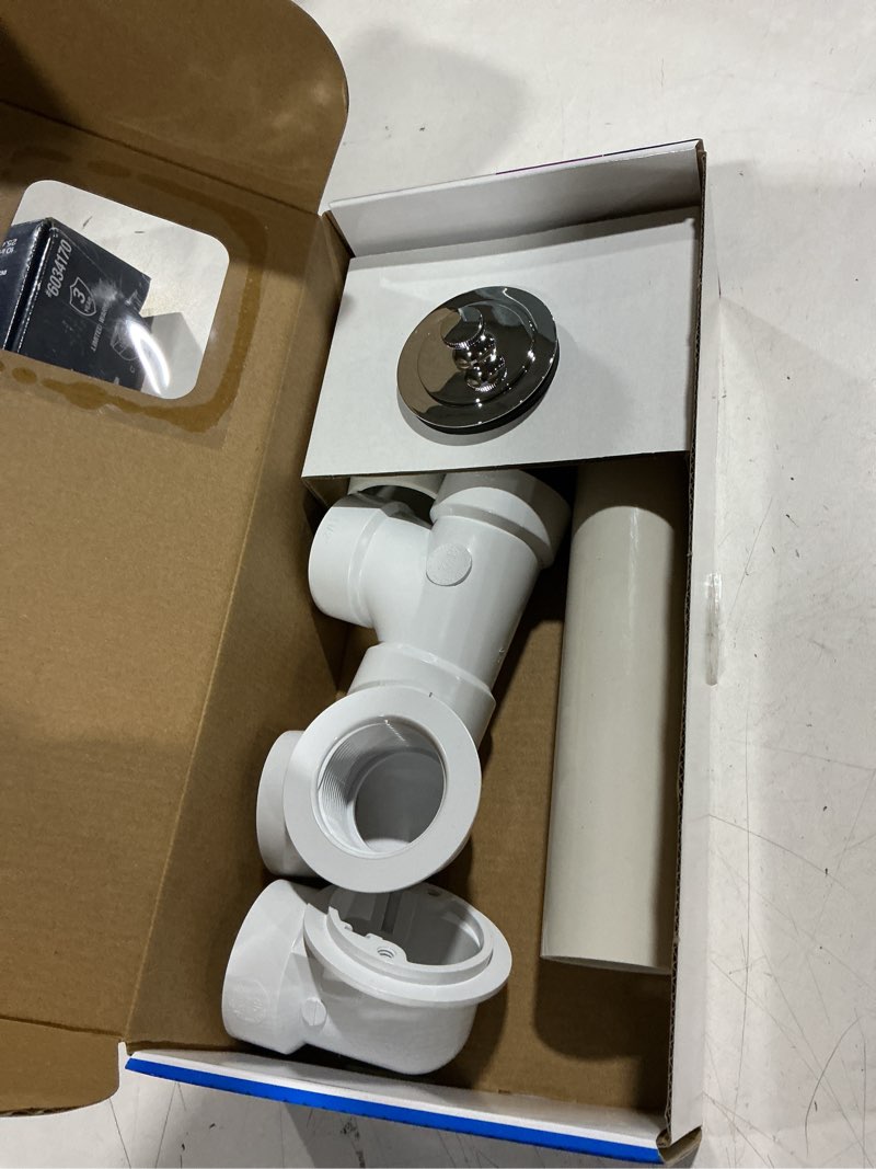 Condition photo showing As Is for dearborn 1-1/2-in polished chrome push n' pull white/polished chrome push-pull drain with pvc pipe included