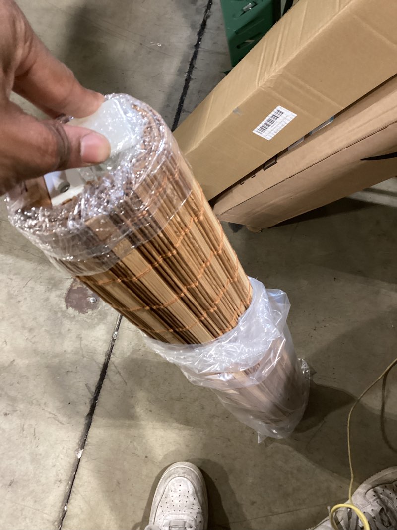 Condition photo showing Good Condition for no drill no tools bamboo roman shades, cordless light filtering window blinds with valance, natural woven wood shades for living room dining room, brown, 30.5" w x 48" h brown 30.5"w x 48"h