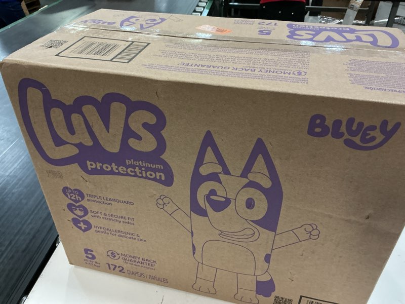 Condition photo showing New/Like New for luvs diapers - size 5, 172 count, bluey platinum protection baby diaper size 5 172
