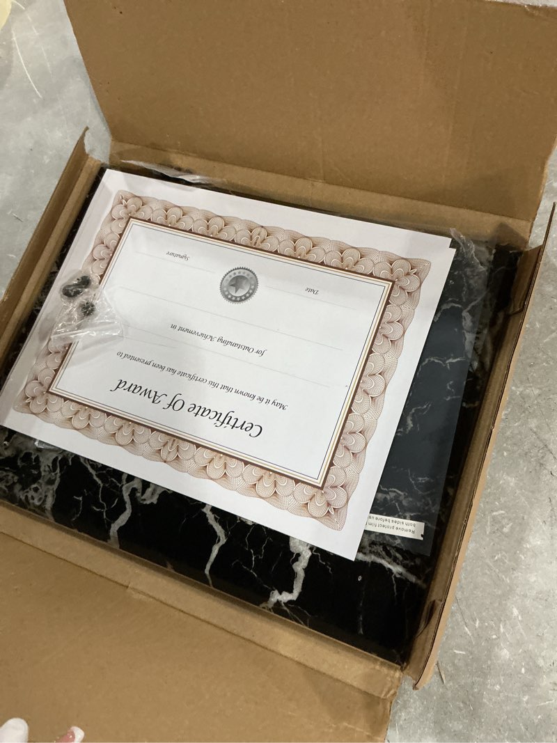 Condition photo showing As Is for black marble award plaque - slide-in 8.5x11 certificate or diploma, wall frame