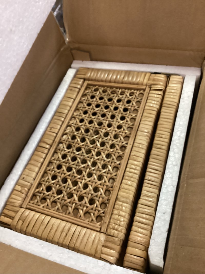 Condition photo showing Good Condition for Rattan Display Box for Home Decor with Lid - Rectangular Coastal Bohemian Style Stackable Decorative Storage Box Set - Handmade from Natural Rattan, Cedar & Real Glass