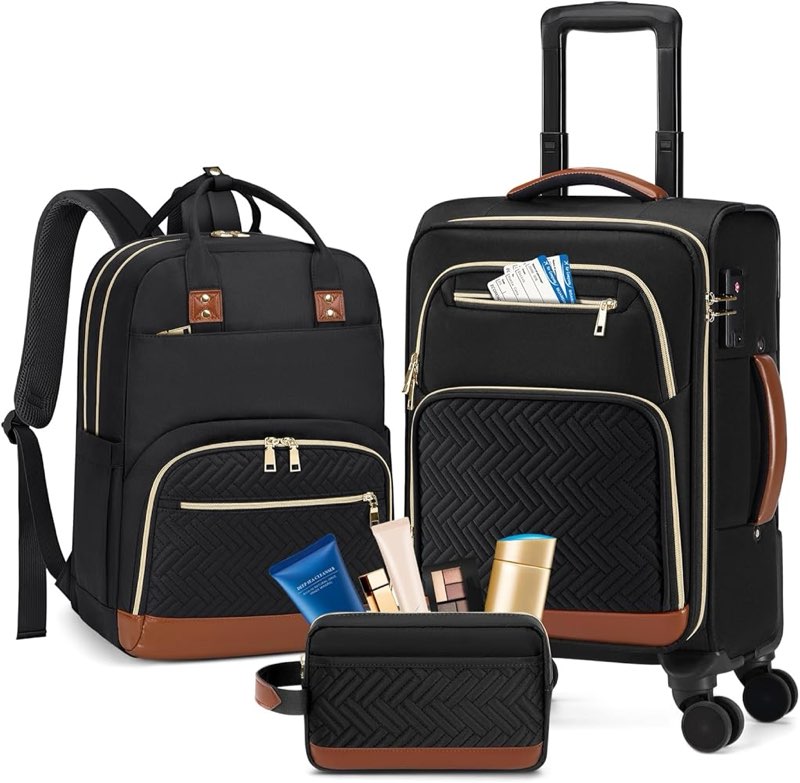 RAINSMORE Carry On Luggage 22x14x9 Airline Approved, 20 Inch Softside Suitcases with Wheels, 3 Piece