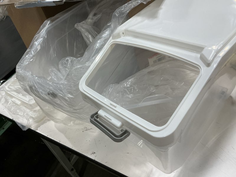 Condition photo showing As Is for sunnyray 4 pcs rice storage container 28 lb airtight flour container with wheels measuring cup clear pet food cube dog birds cat food bin grain cereal organizer box for dry baking supplies(white lid) white lid 28 lb