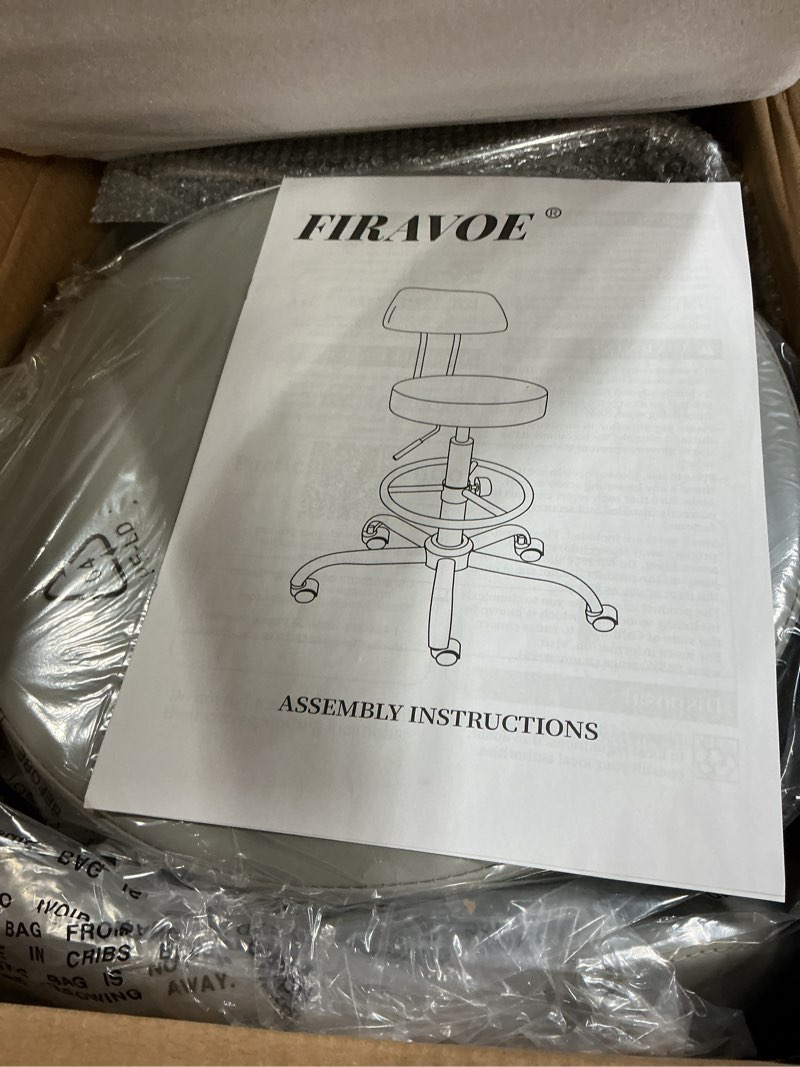 Condition photo showing New/Like New for firavoe rolling massage chair, height adjustable salon stool with wheels 19.5"-26.6", gray guitar stool (gray) grey with back & footrest
