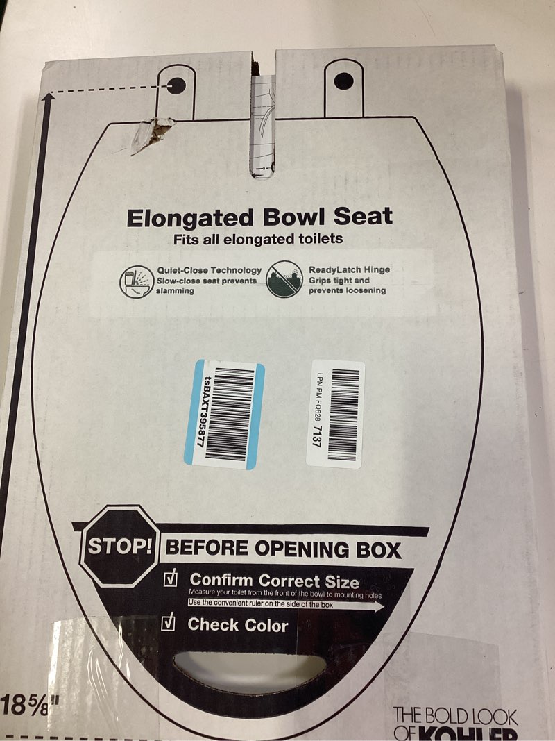 Condition photo showing New/Like New for kohler 4636-rl-0 cachet readylatch elongated toilet seat slow close, soft close toilet seat quiet lid, contoured grip-tight bumpers installation hardware, apartment essentials, white white elongated ready latch