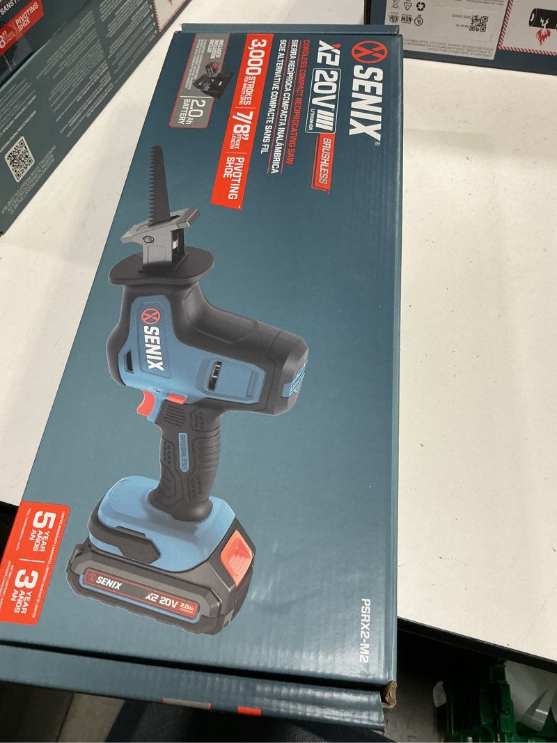 Condition photo showing New/Like New for senix x2 20-volt 2-amp variable brushless cordless reciprocating saw (battery & charger included)