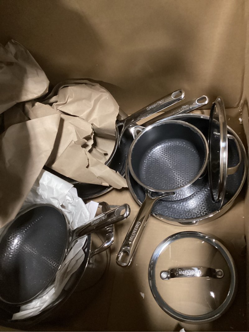Condition photo showing As Is for GreenPan Spectra 10 Piece Cookware Set,Hybrid Tri-Ply Stainless Steel, PFAS-Free Ceramic Nonstick Textured Cooking Surface,Induction Pots & Pans with Lids, Dishwasher Safe,Oven & Broiler Temp to 850?F