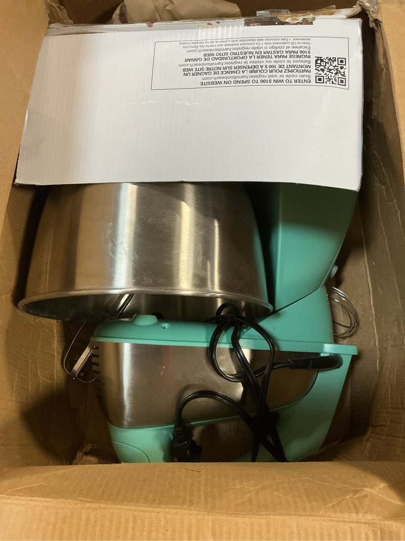 Condition photo showing As Is for hamilton beach classic stand and hand mixer, 4 quarts, 6 speeds with quickburst, bowl rest, 290 watts peak power, blue (64658) blue 290 watts peak power