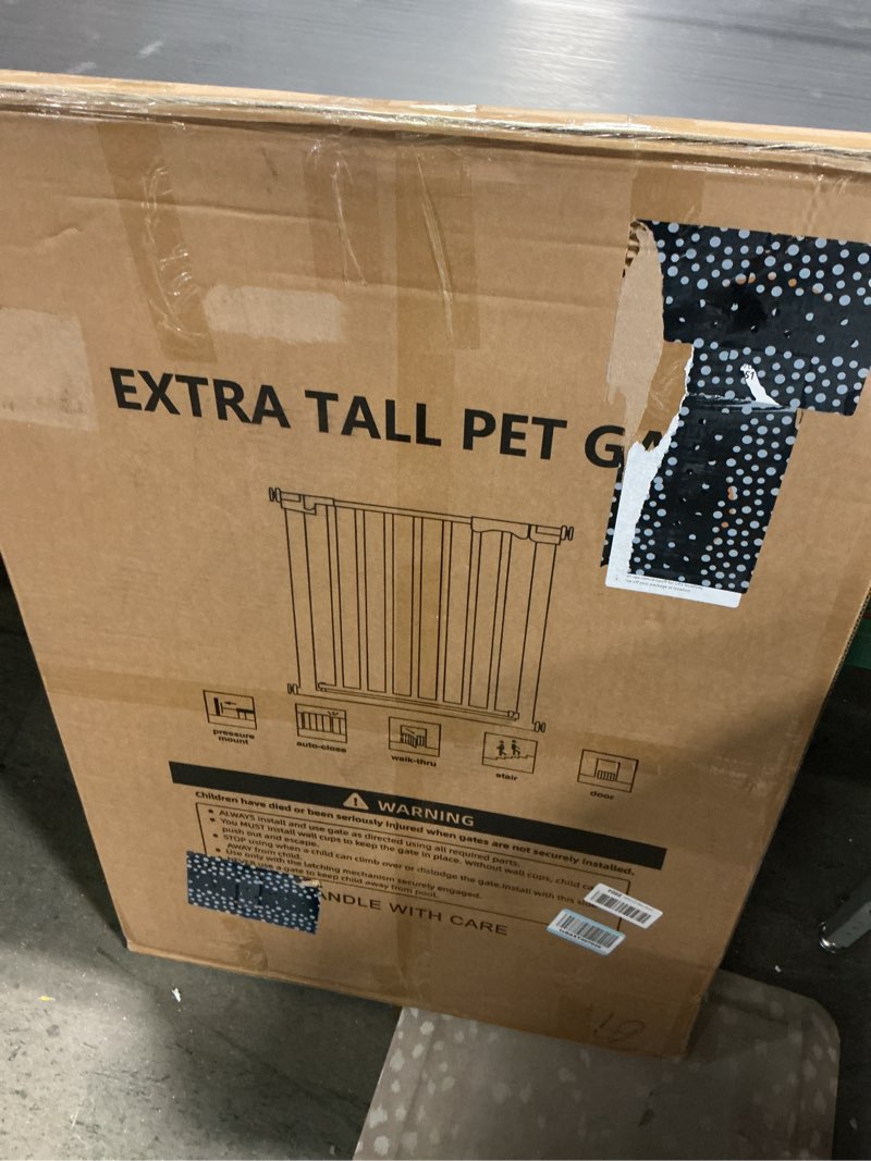 Condition photo showing New/Like New for 41'' extra tall baby gate for large dogs pets indoor no jumping over, 30-32.6'' wide heavy duty puppy gate for doorways, pressure mounted metal gate for child toddler no tools needed(white) white-41"tall 30''-32.6''wide