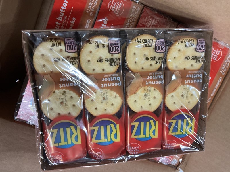 Condition photo showing New/Like New for RITZ Peanut Butter and Cheese Sandwich Crackers Variety Pack, Lunch Snacks, 32 Snack Packs (6 Crackers Per Pack)( BB 09/mar/ 2026) 