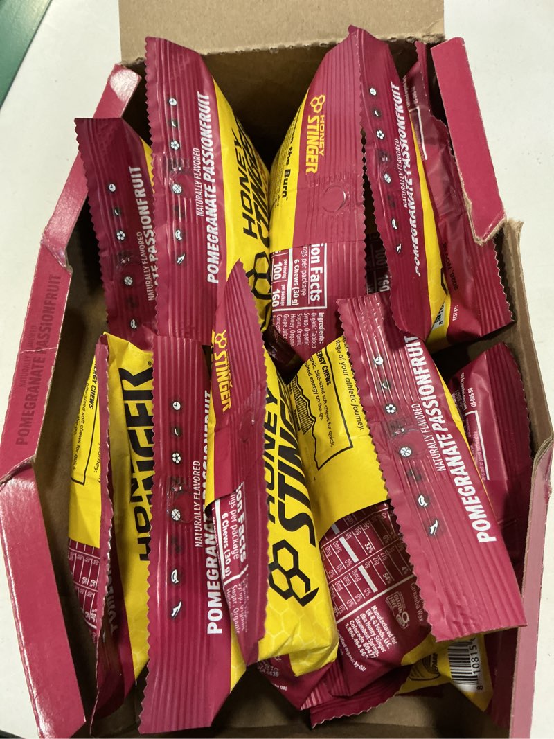 Condition photo showing New/Like New for (Best by:2026,NOV,08)Honey Stinger Organic Pomegranate Passionfruit Energy Chew, Gluten Free & Caffeine Free, for Exercise, Running and Performance, Sports Nutrition for Home & Gym, Pre and Mid Workout, 12 Pack Pomegranate Passionfruit 1.8 Ounce (Pack of 11)