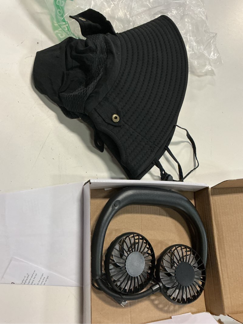 Condition photo showing Good Condition for bucket hat fan, gifts for him father dad husband | rechargeable cooling fan, 8+ hours battery life, upf 50+ wide brim, fishing & beach black